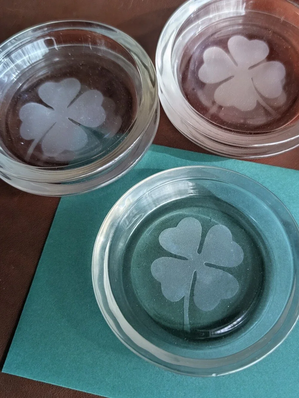 Clover Shamrock Glass Coaster Set 6-pc with Box by 'Monogram Decorative Crystal'